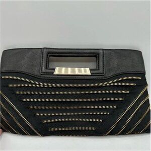 BCBGMaxAzria Black Clutch Genuine Leather Trim Elegant Gold Zipper Design